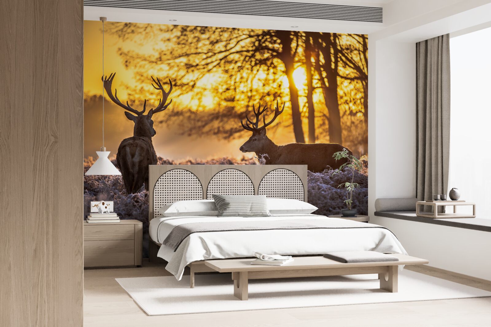 Fototapet apusul este însoțit de o căprioară adultă