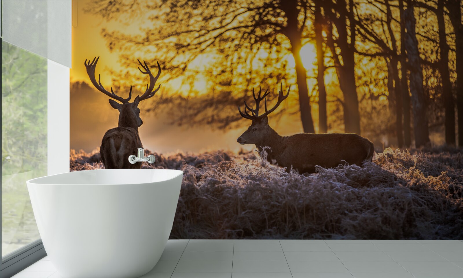 Fototapet apusul este însoțit de o căprioară adultă