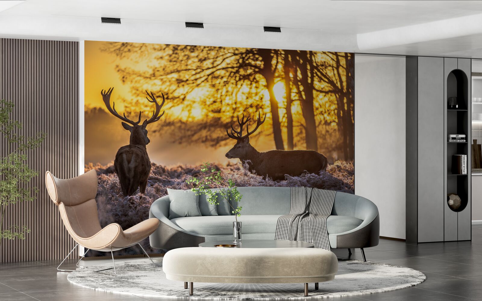 Fototapet apusul este însoțit de o căprioară adultă