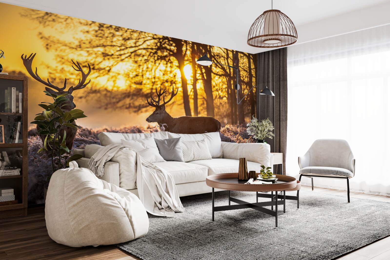 Fototapet apusul este însoțit de o căprioară adultă