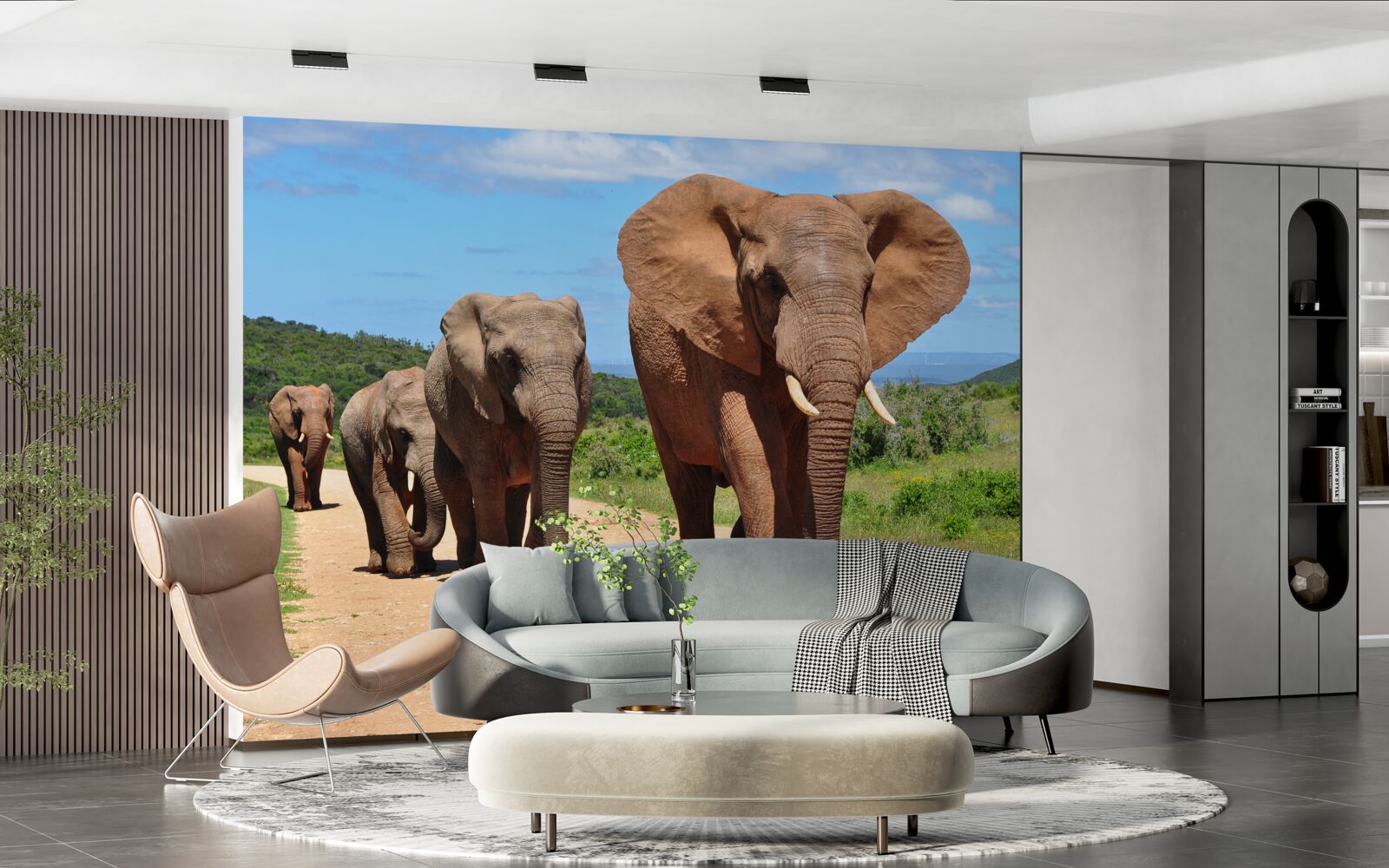 Fototapet Un grup de elefanți se întoarce acasă pe un teren nisipos