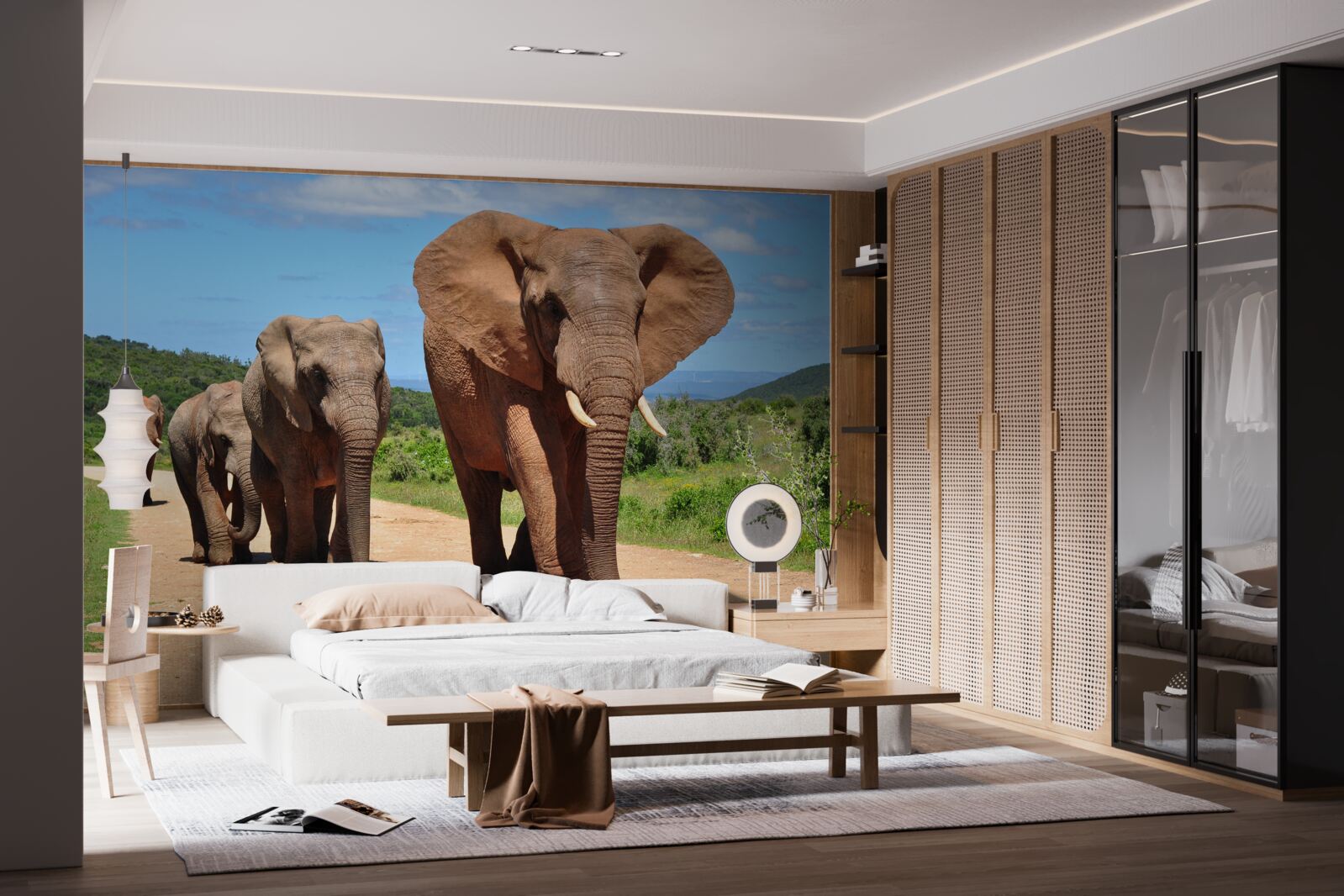 Fototapet Un grup de elefanți se întoarce acasă pe un teren nisipos