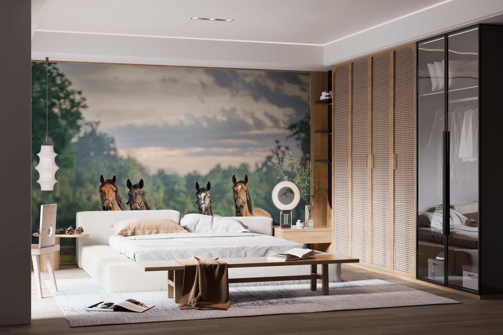 Fototapet patru cai se odihnesc în turmă pe o pajiște