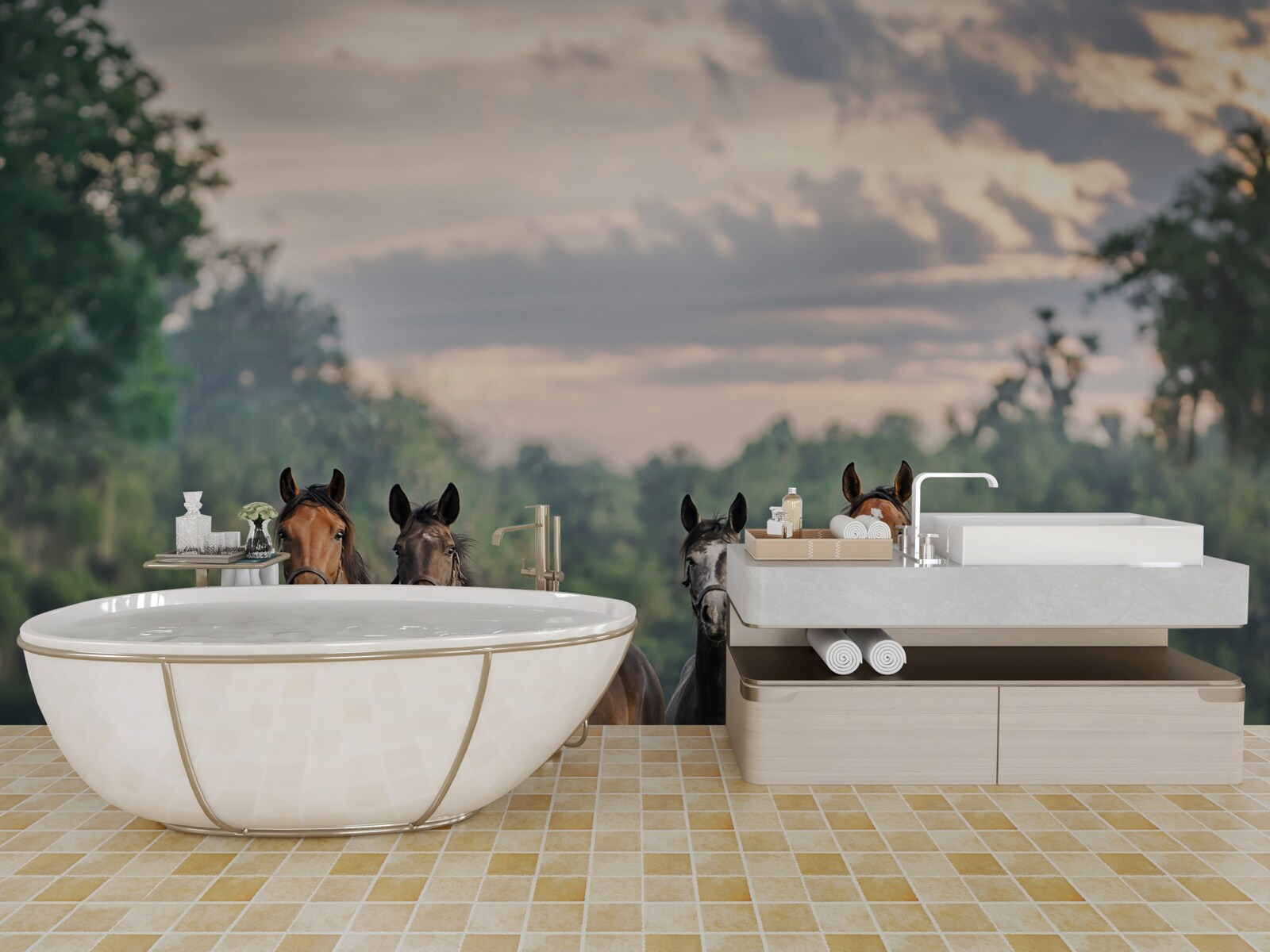 Fototapet patru cai se odihnesc în turmă pe o pajiște