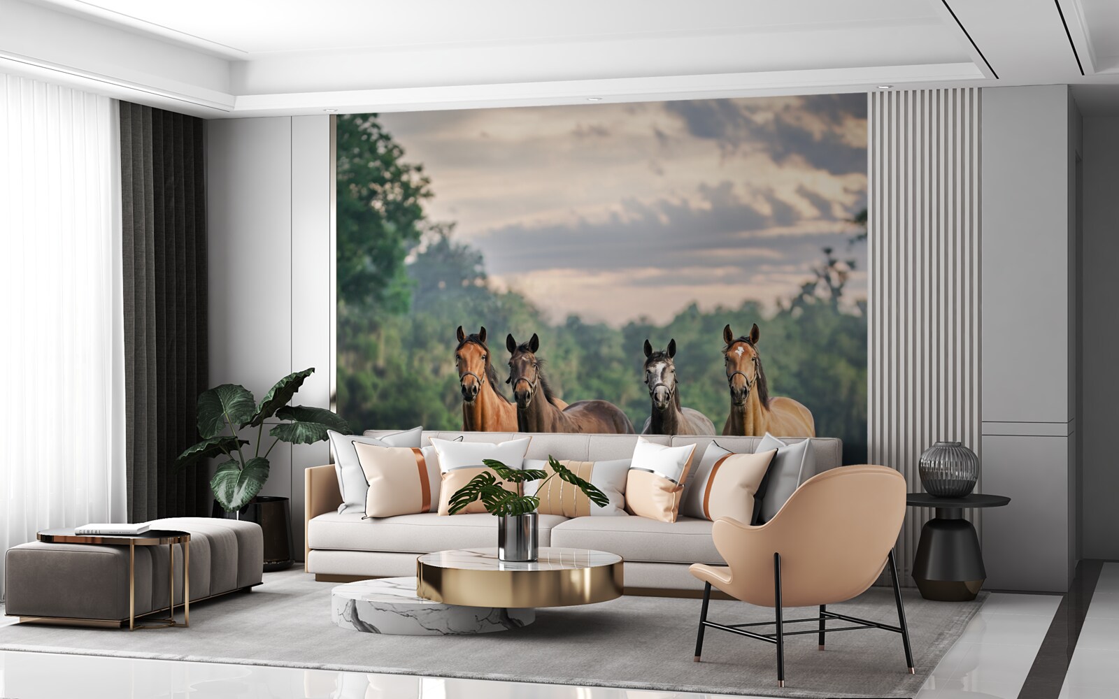 Fototapet patru cai se odihnesc în turmă pe o pajiște