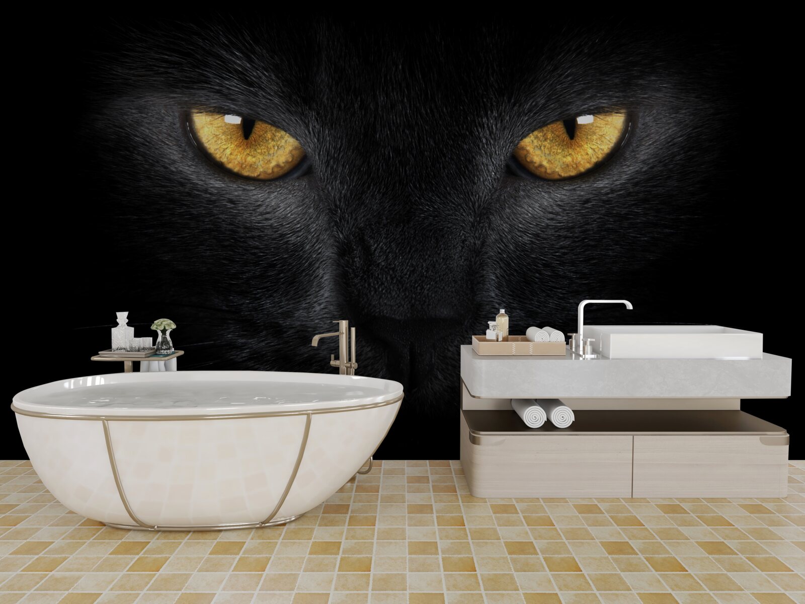 Fototapet privirea pătrunzătoare a unei pisici negre