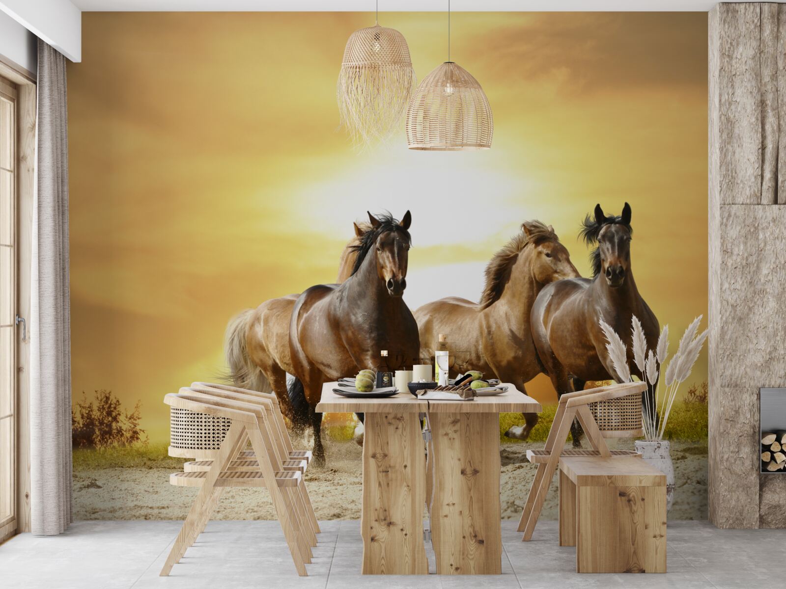 Fototapet caii se grăbesc spre soarele care apune