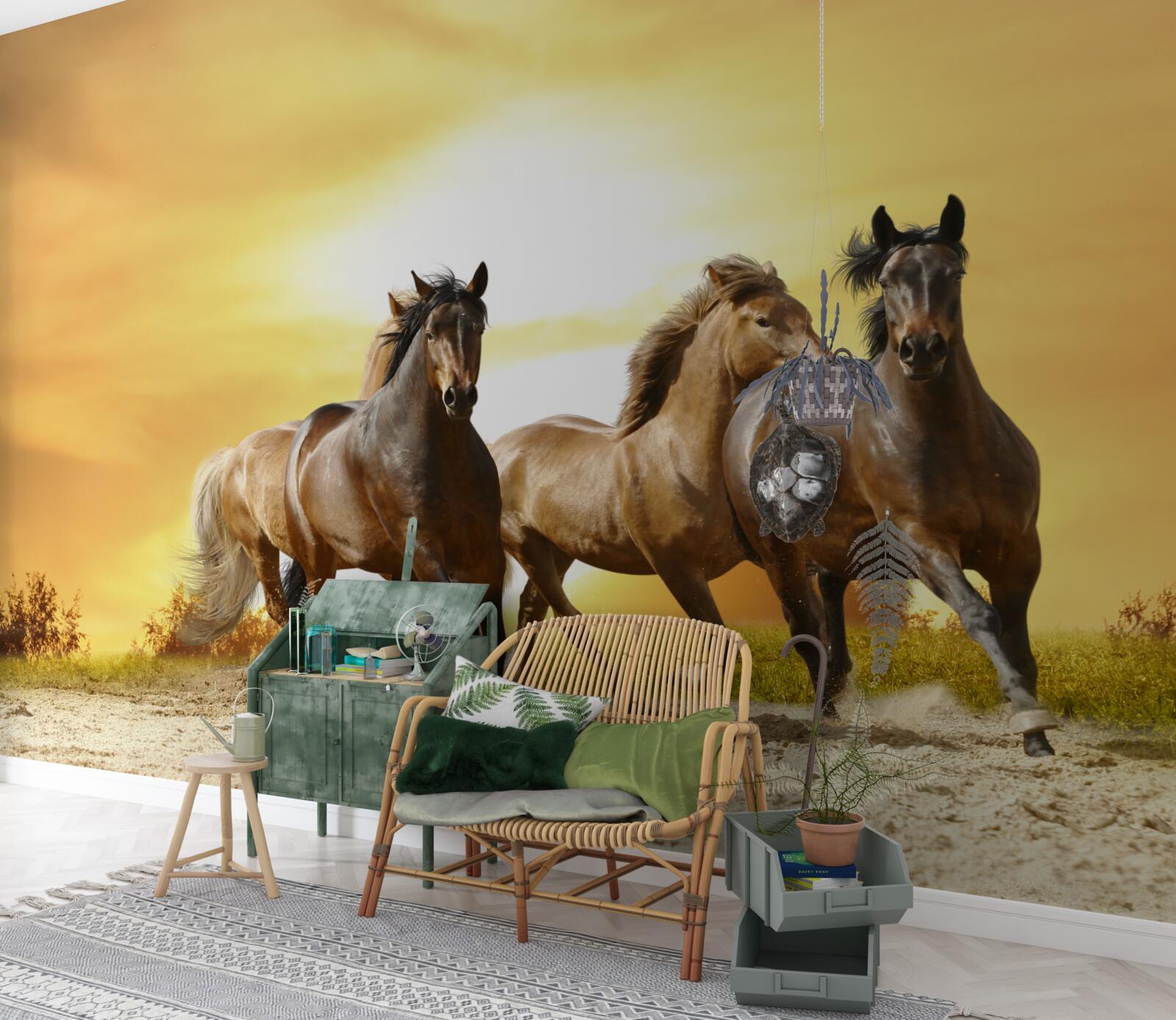 Fototapet caii se grăbesc spre soarele care apune