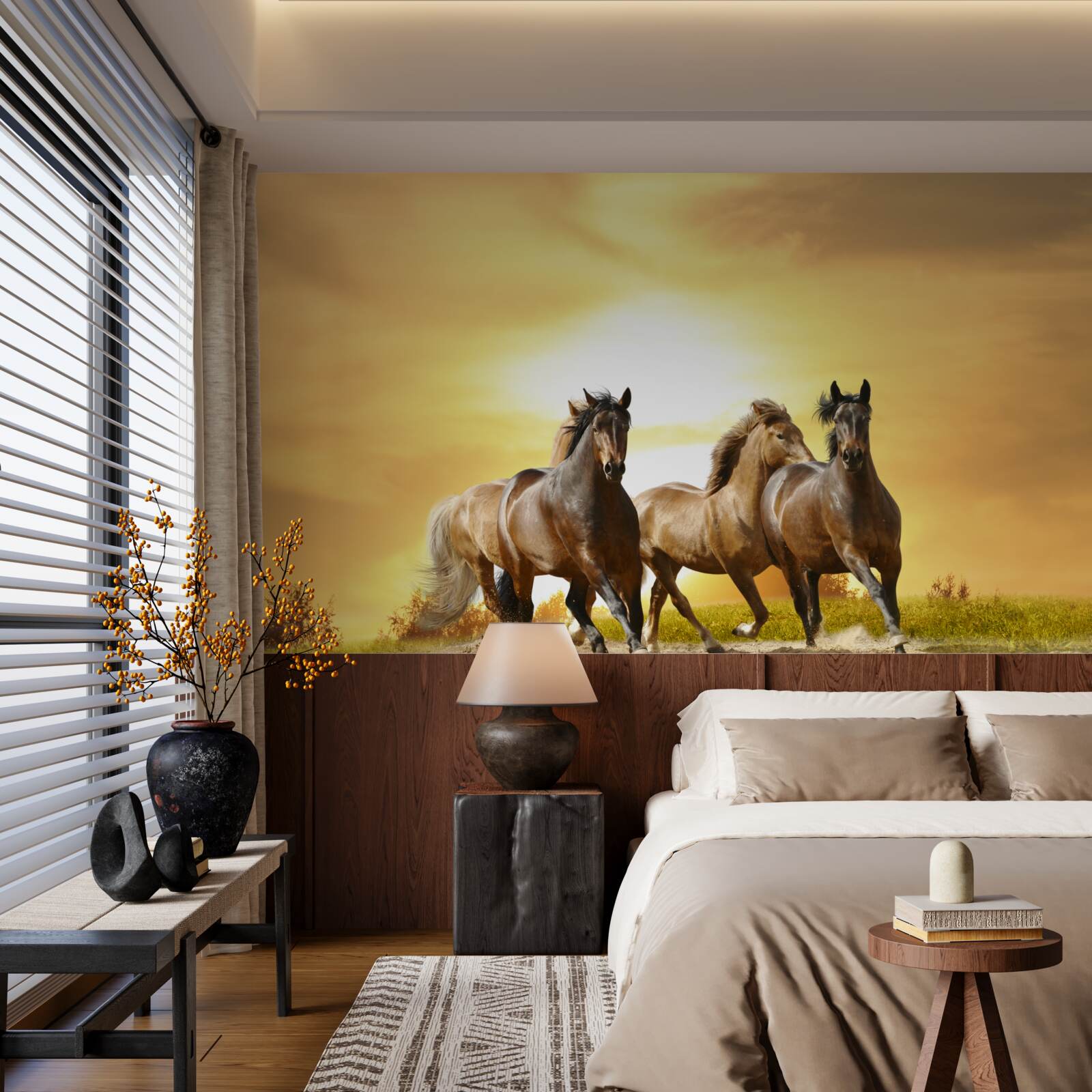 Fototapet caii se grăbesc spre soarele care apune