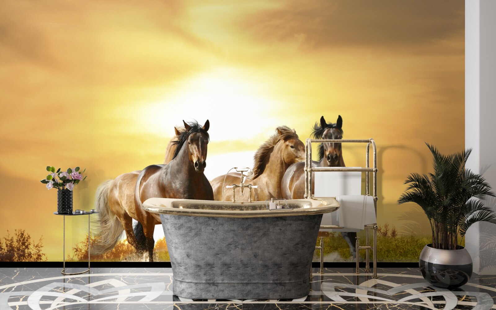 Fototapet caii se grăbesc spre soarele care apune