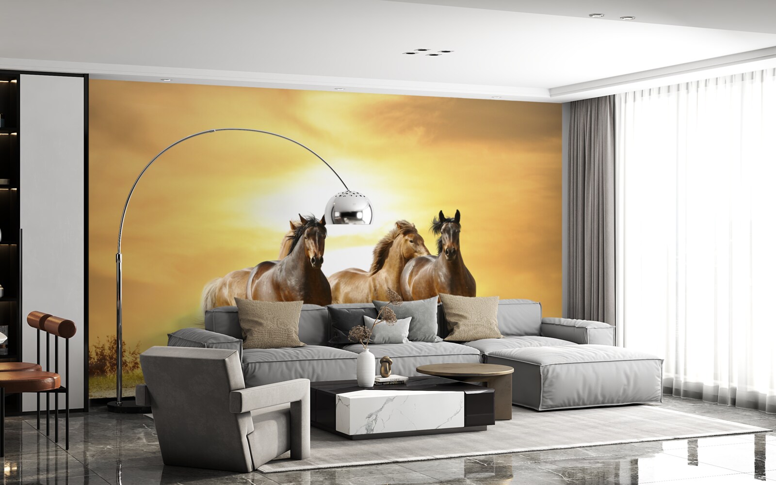 Fototapet caii se grăbesc spre soarele care apune