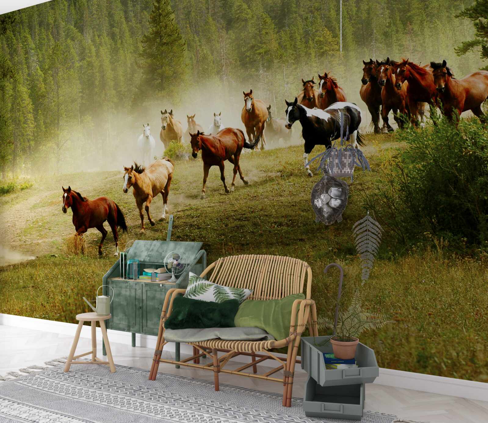 Fototapet cai alergând prin pădure