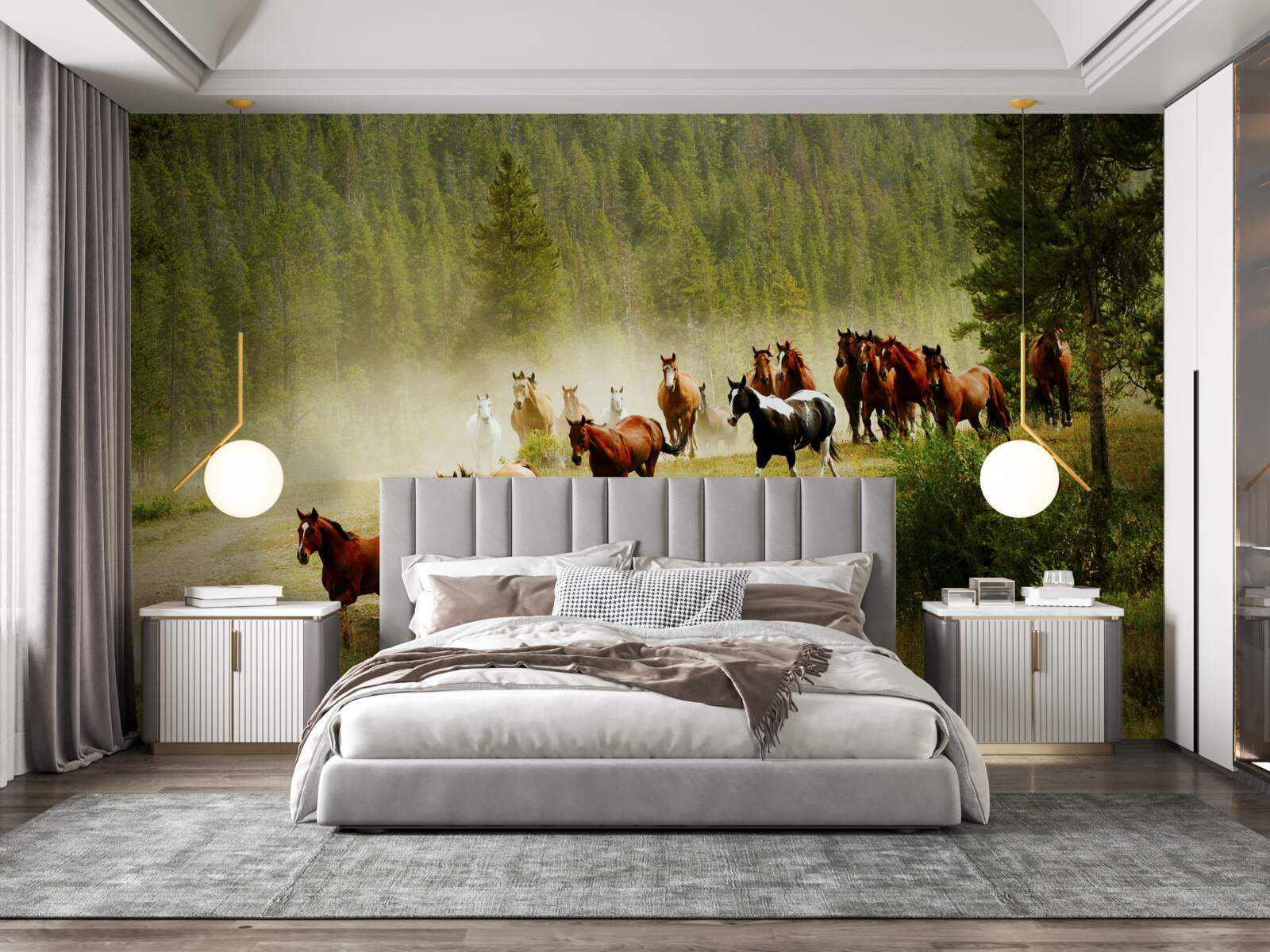 Fototapet cai alergând prin pădure