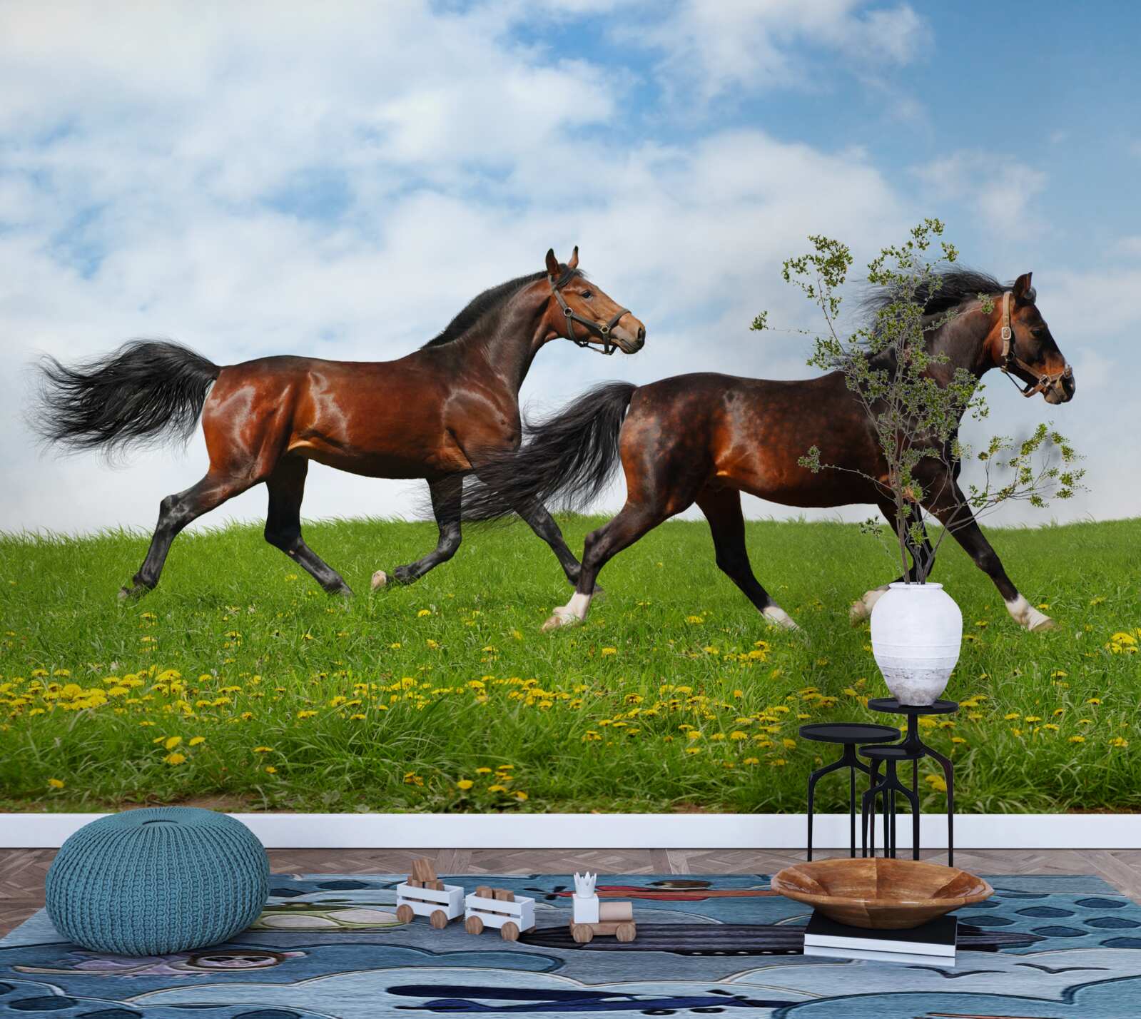 Fototapet cai timpurii alergând printr-un luminiș