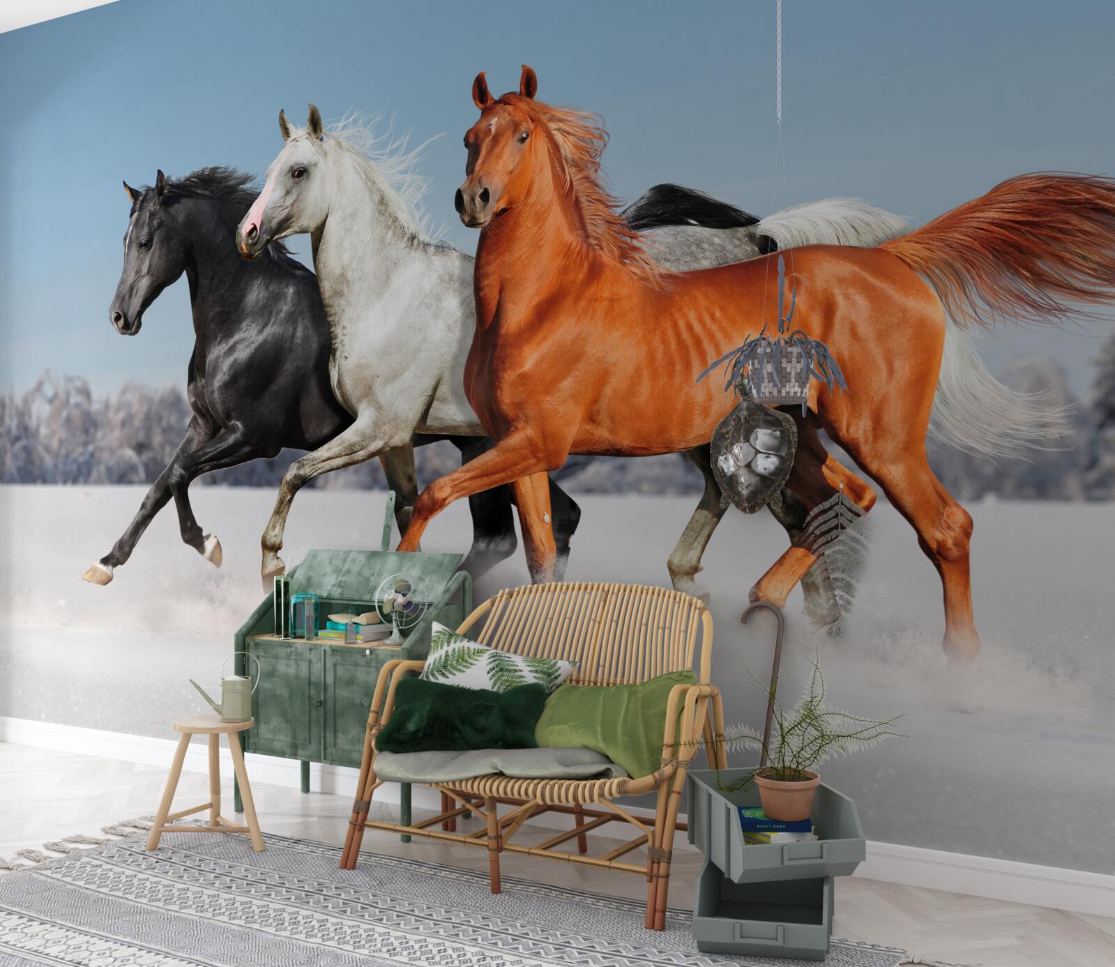 Fototapet trei cai galopând pe un teren înzăpezit