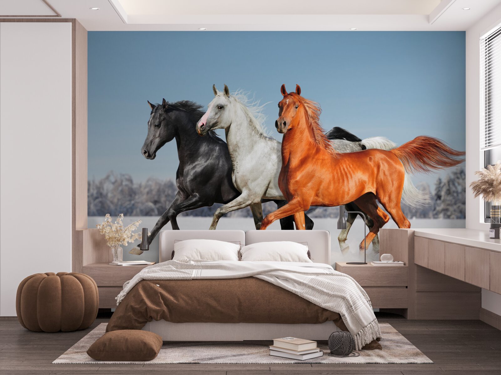 Fototapet trei cai galopând pe un teren înzăpezit