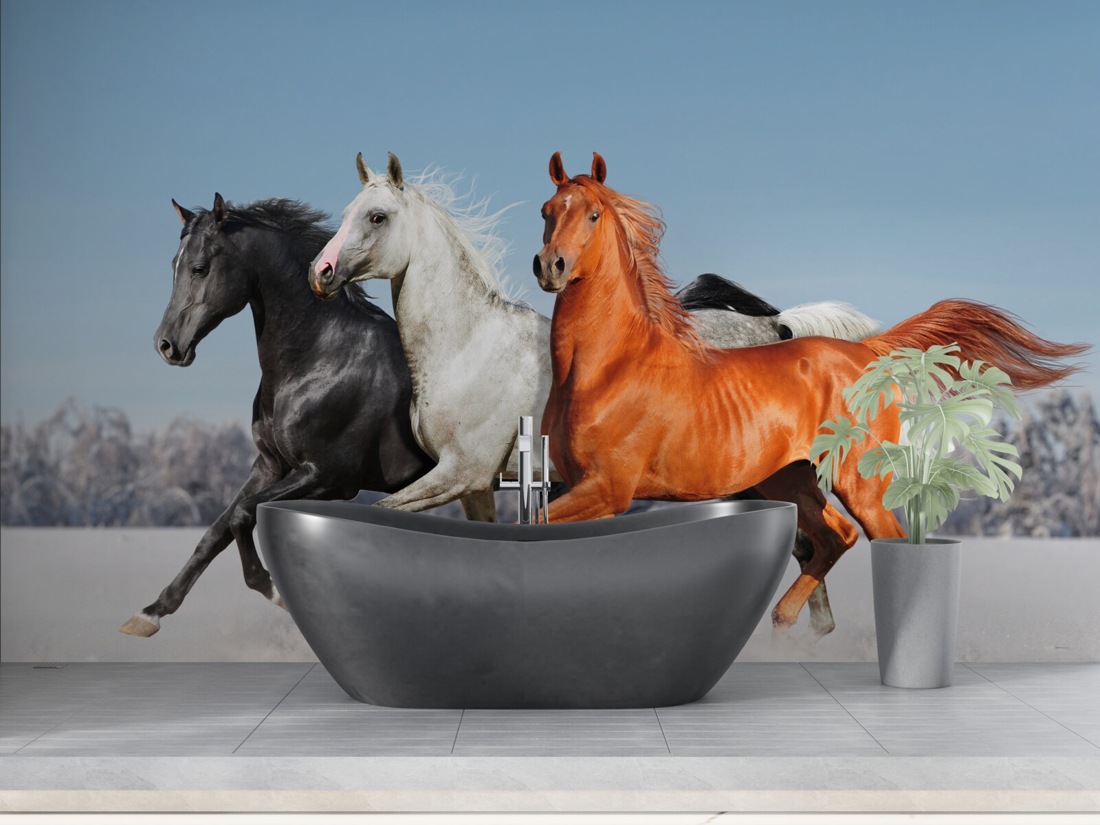 Fototapet trei cai galopând pe un teren înzăpezit