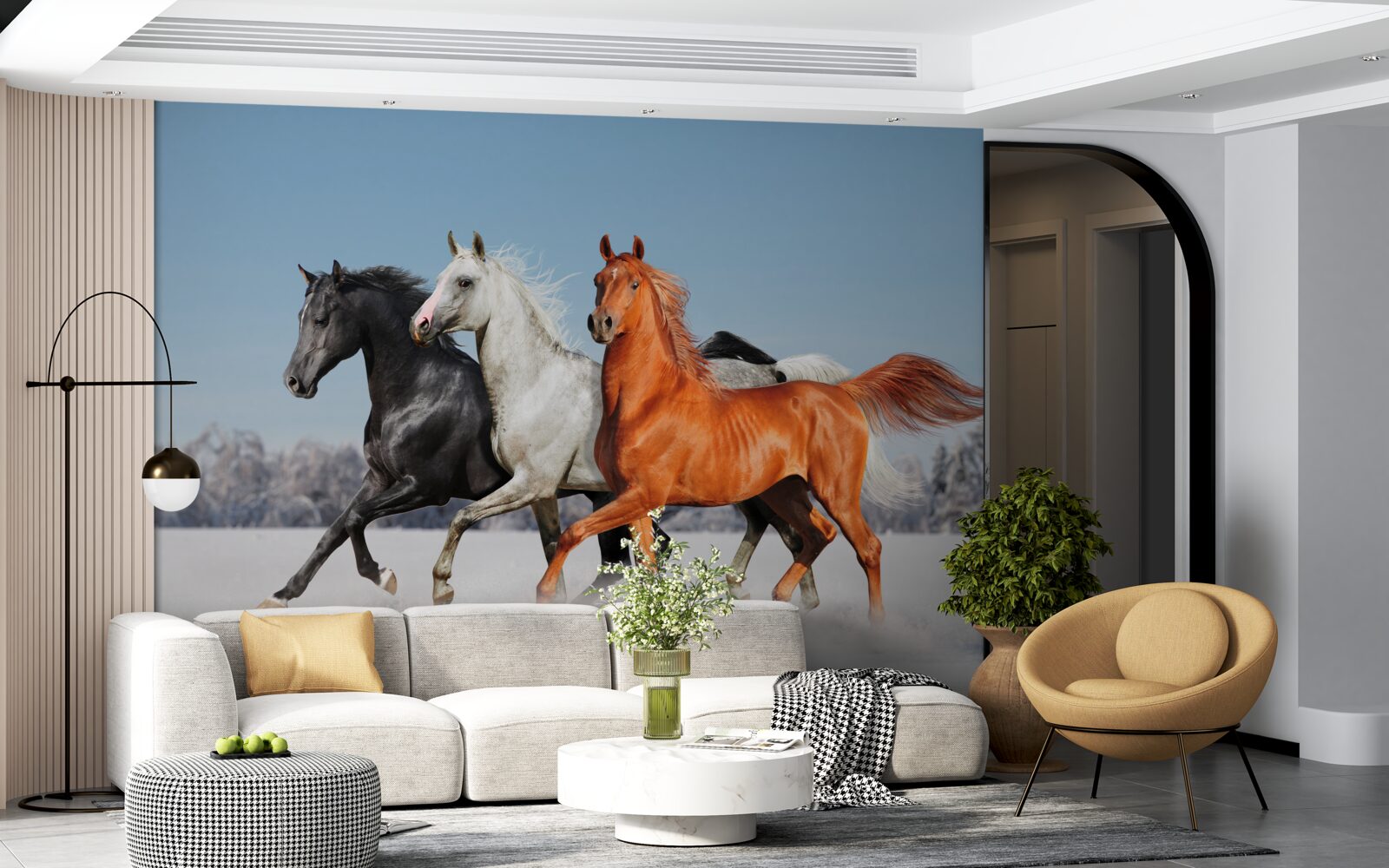 Fototapet trei cai galopând pe un teren înzăpezit