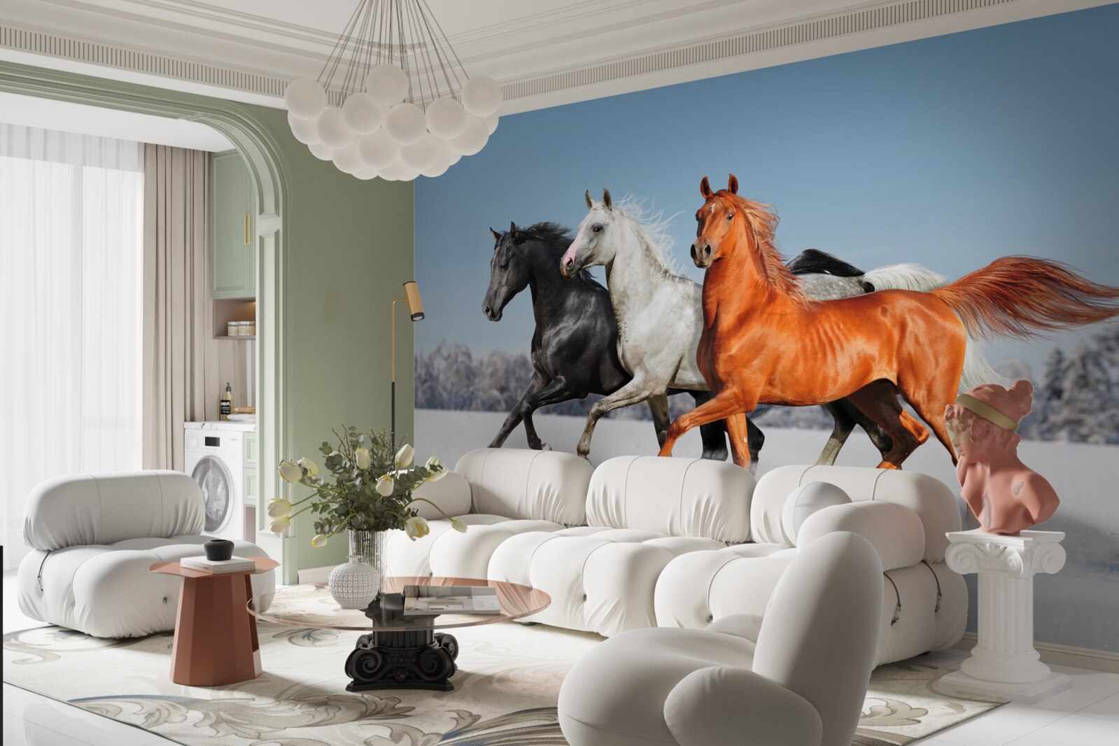 Fototapet trei cai galopând pe un teren înzăpezit