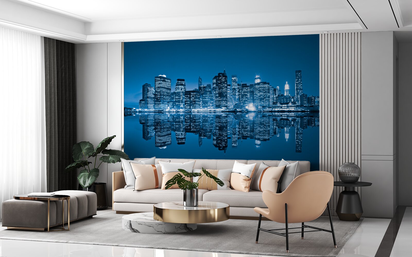 Fototapet reflecție de clădiri albastru închis în apă