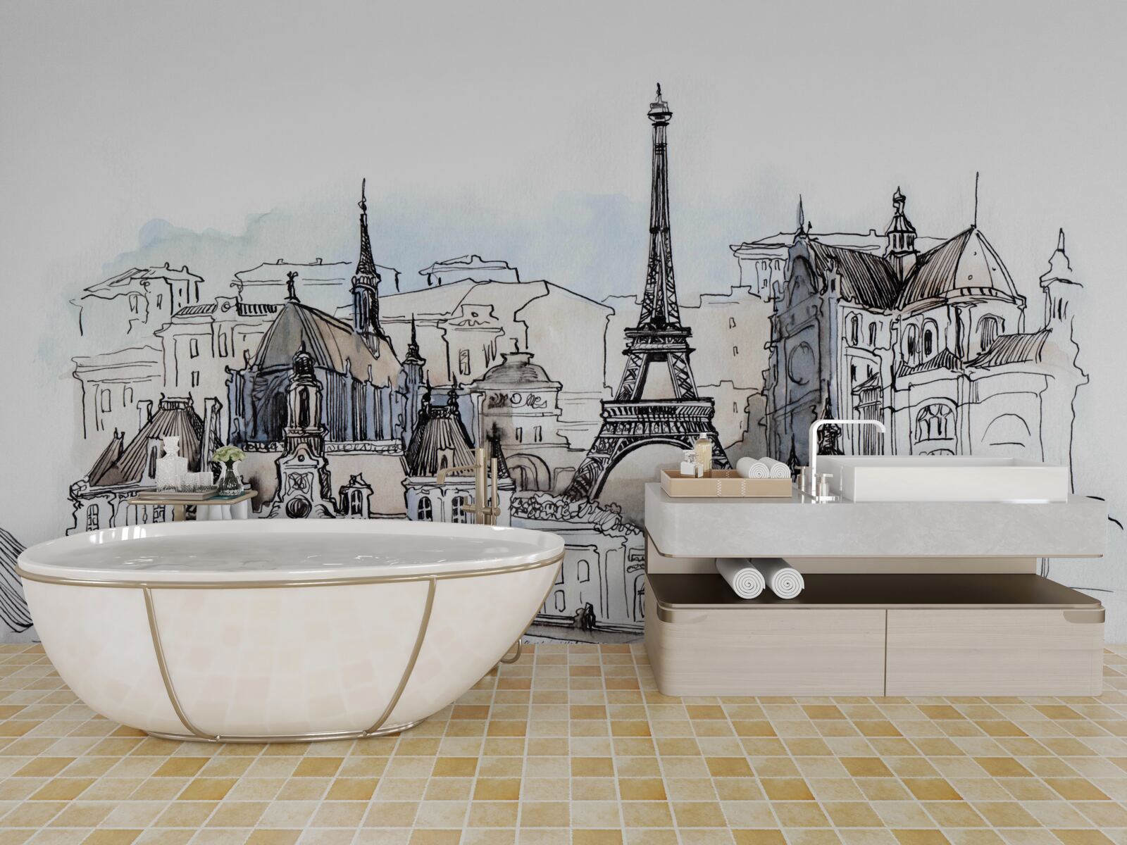 Fototapet Peisaje pariziene reproduse în acuarelă