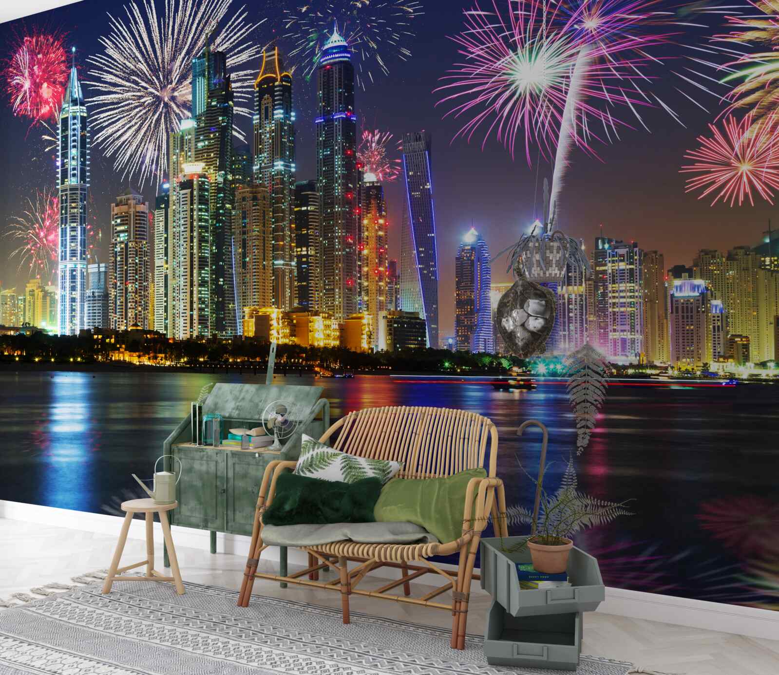 Fototapet focuri de artificii strălucitoare pe cerul de deasupra orașului