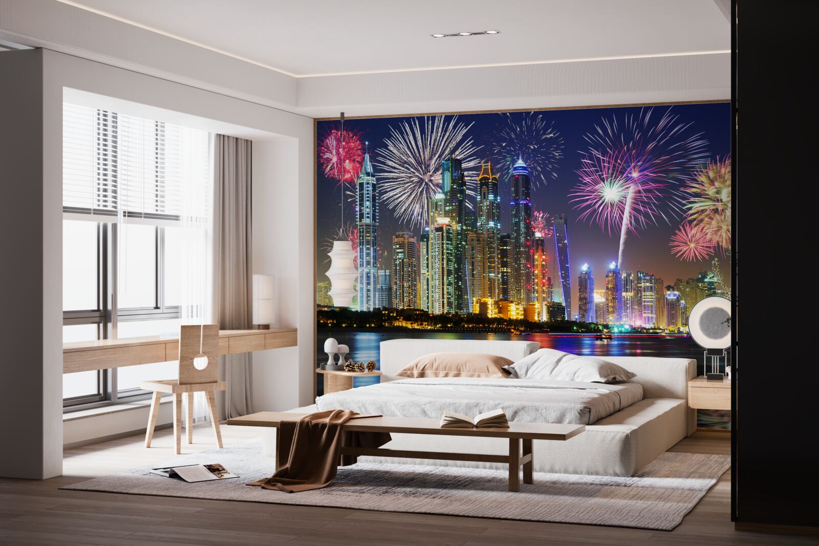 Fototapet focuri de artificii strălucitoare pe cerul de deasupra orașului