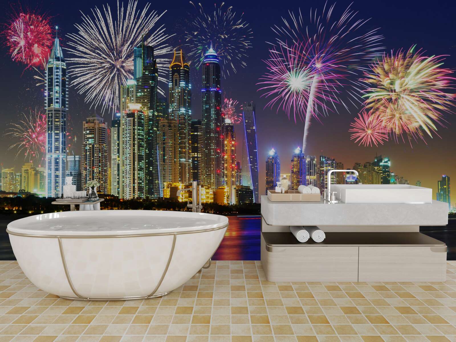 Fototapet focuri de artificii strălucitoare pe cerul de deasupra orașului