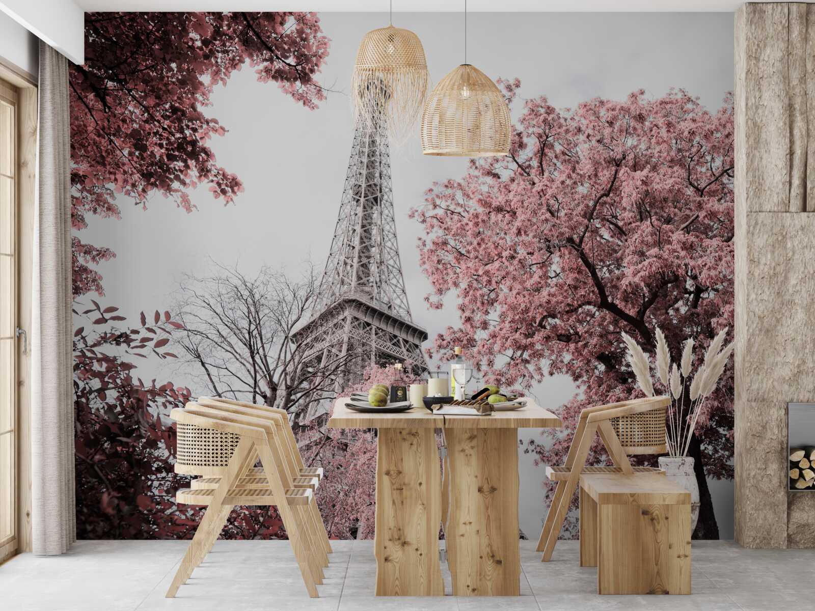 Fototapet turnul eiffel înconjurat de flori de cireș