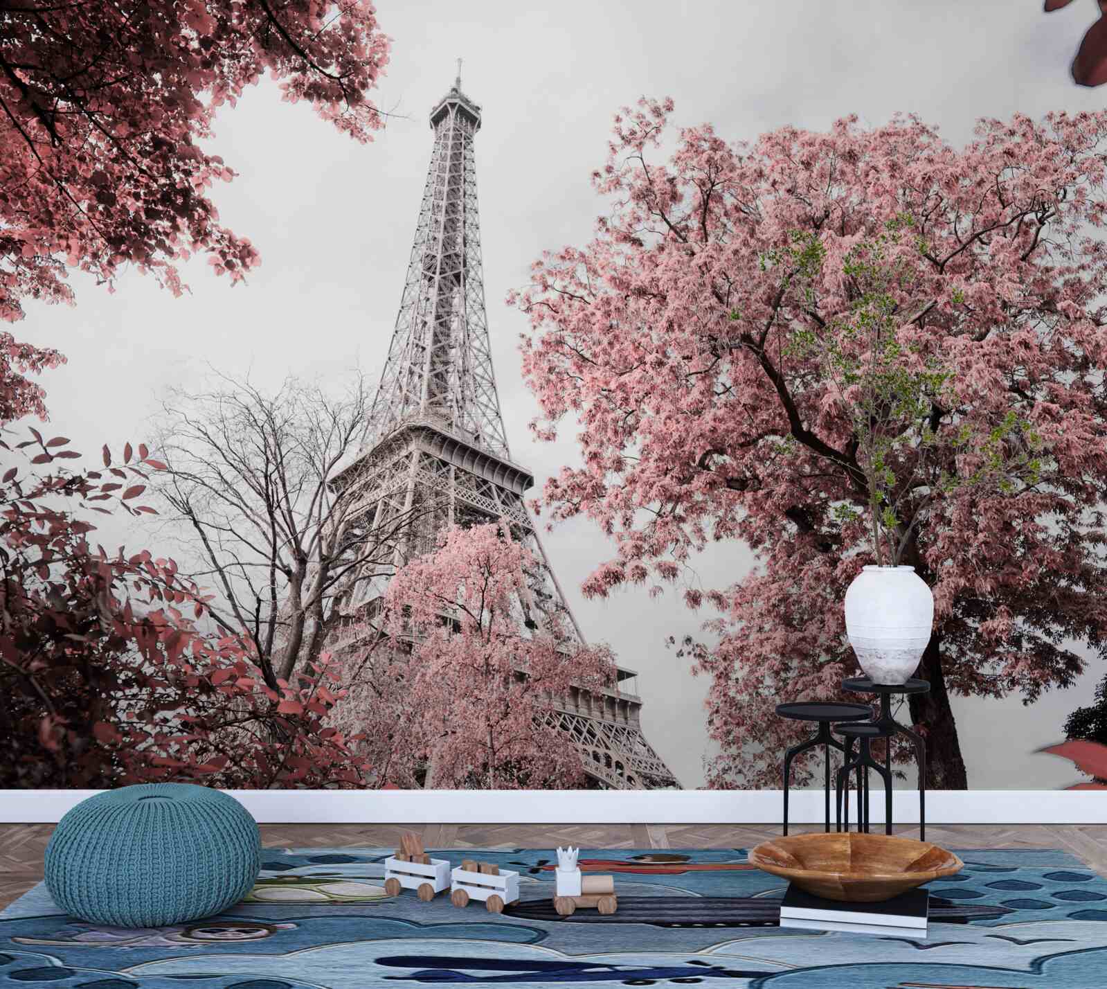 Fototapet turnul eiffel înconjurat de flori de cireș