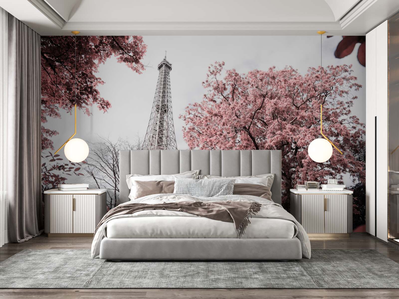 Fototapet turnul eiffel înconjurat de flori de cireș