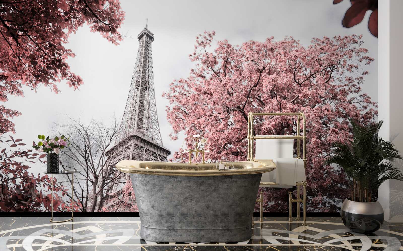 Fototapet turnul eiffel înconjurat de flori de cireș