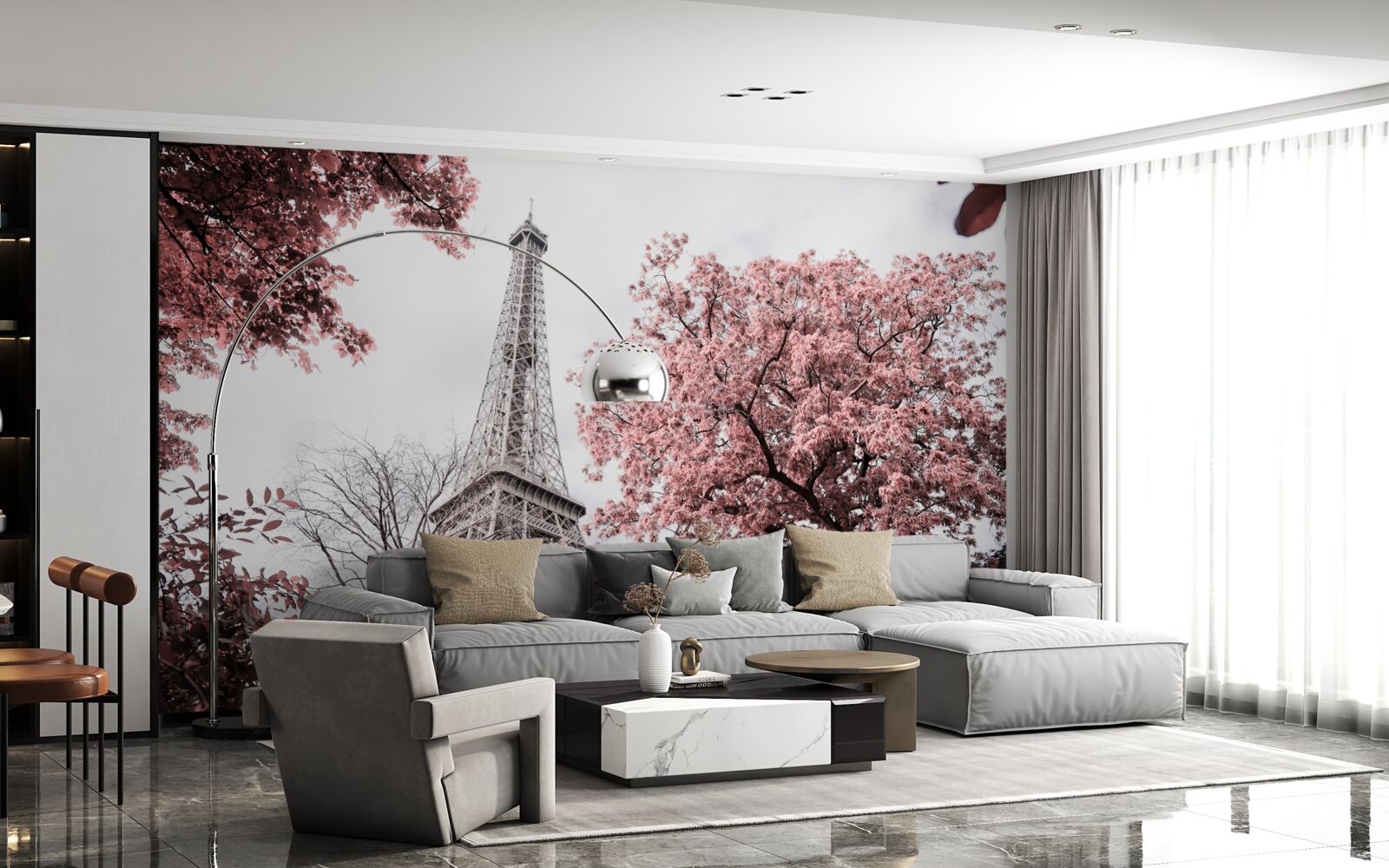Fototapet turnul eiffel înconjurat de flori de cireș