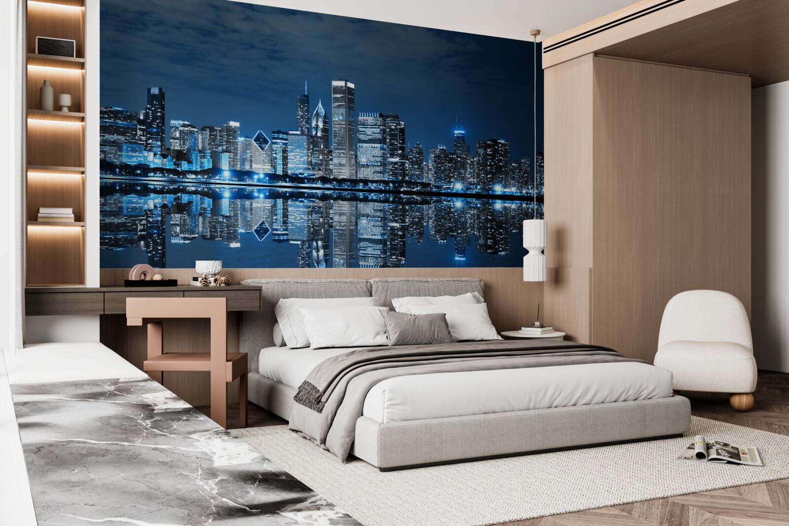 Fototapet reflexia luminilor orașului pe suprafața apei pe timp de noapte