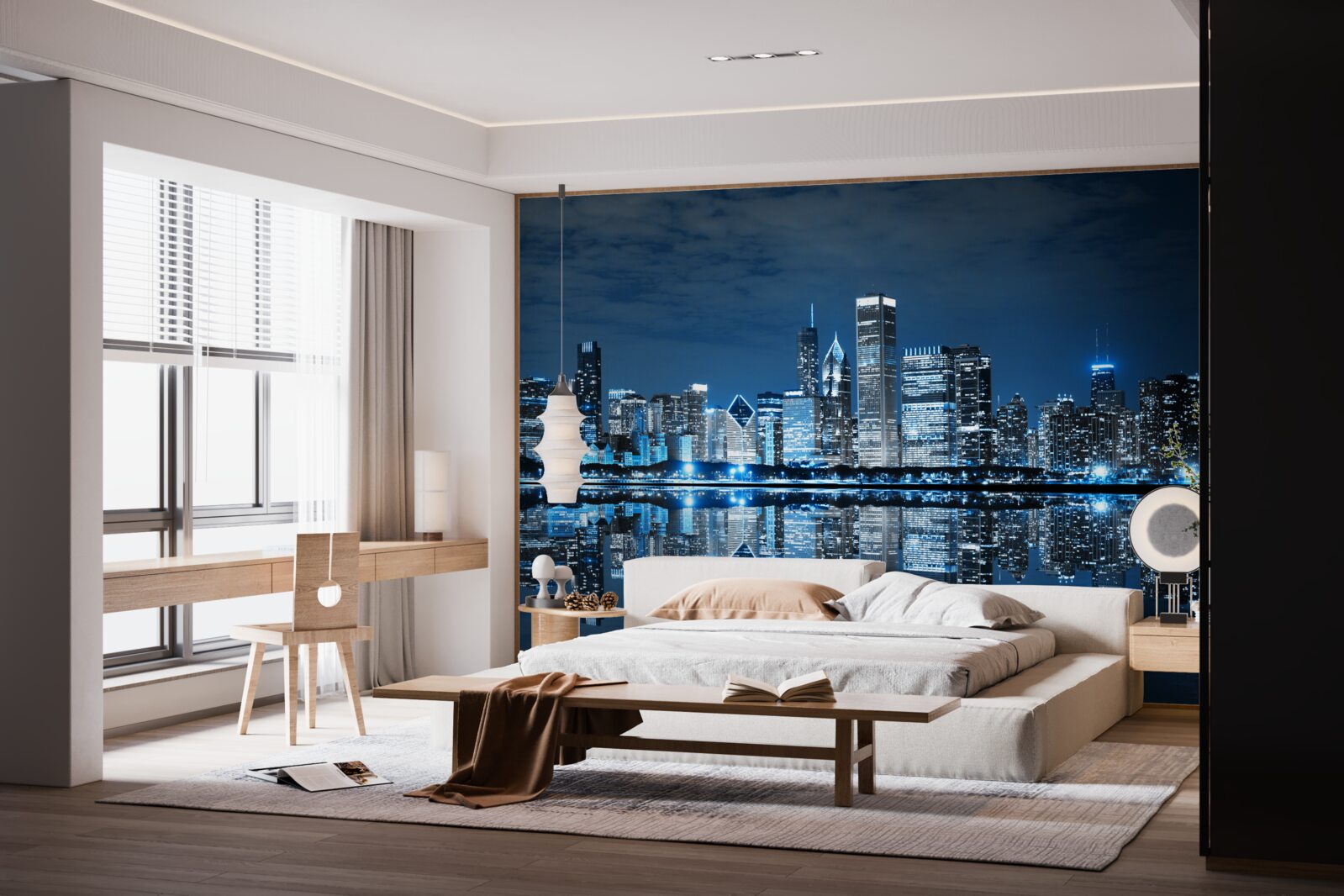 Fototapet reflexia luminilor orașului pe suprafața apei pe timp de noapte