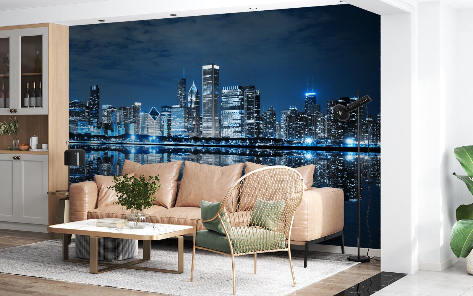 Fototapet reflexia luminilor orașului pe suprafața apei pe timp de noapte