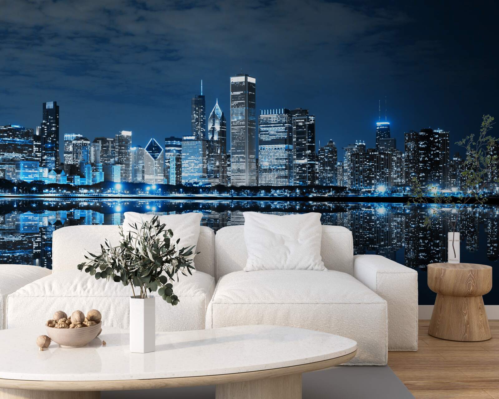 Fototapet reflexia luminilor orașului pe suprafața apei pe timp de noapte