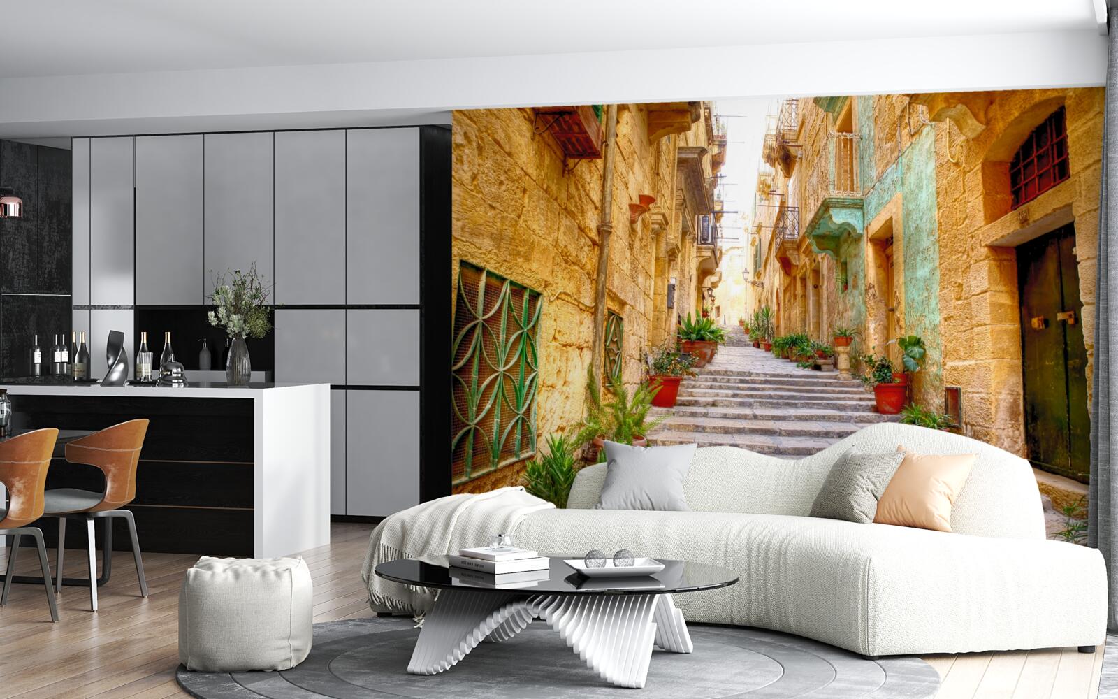 Fototapet strada italiană decorată cu flori este îngustă