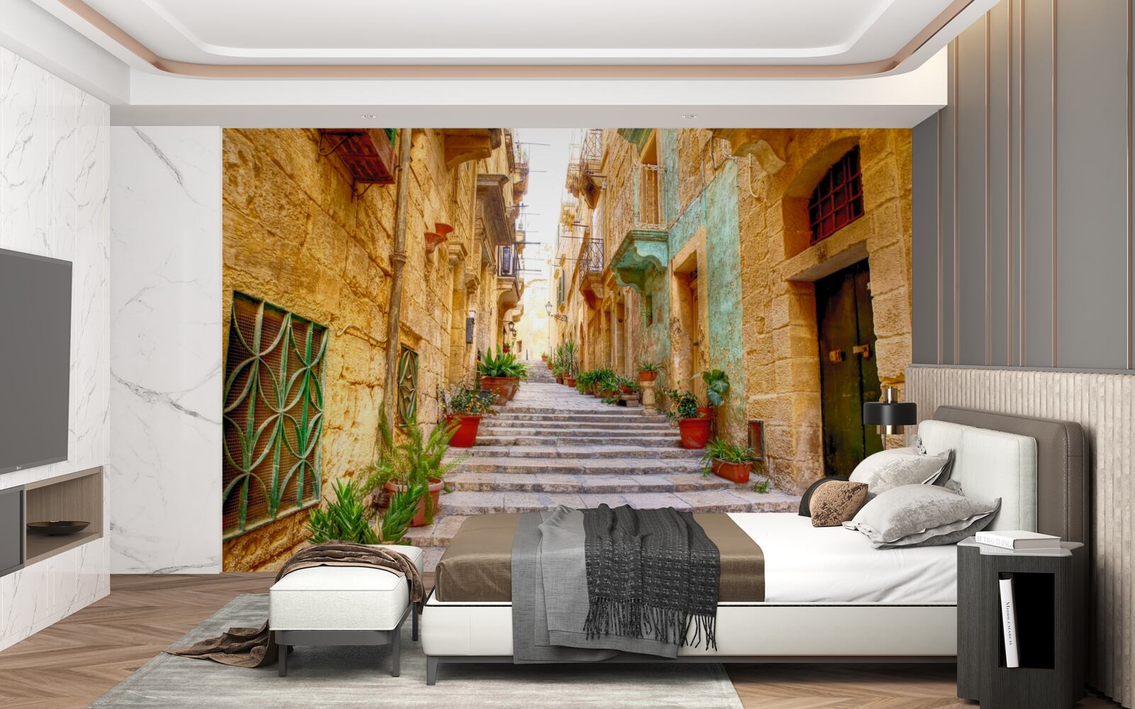 Fototapet strada italiană decorată cu flori este îngustă