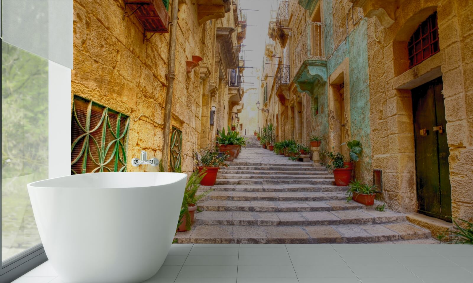 Fototapet strada italiană decorată cu flori este îngustă