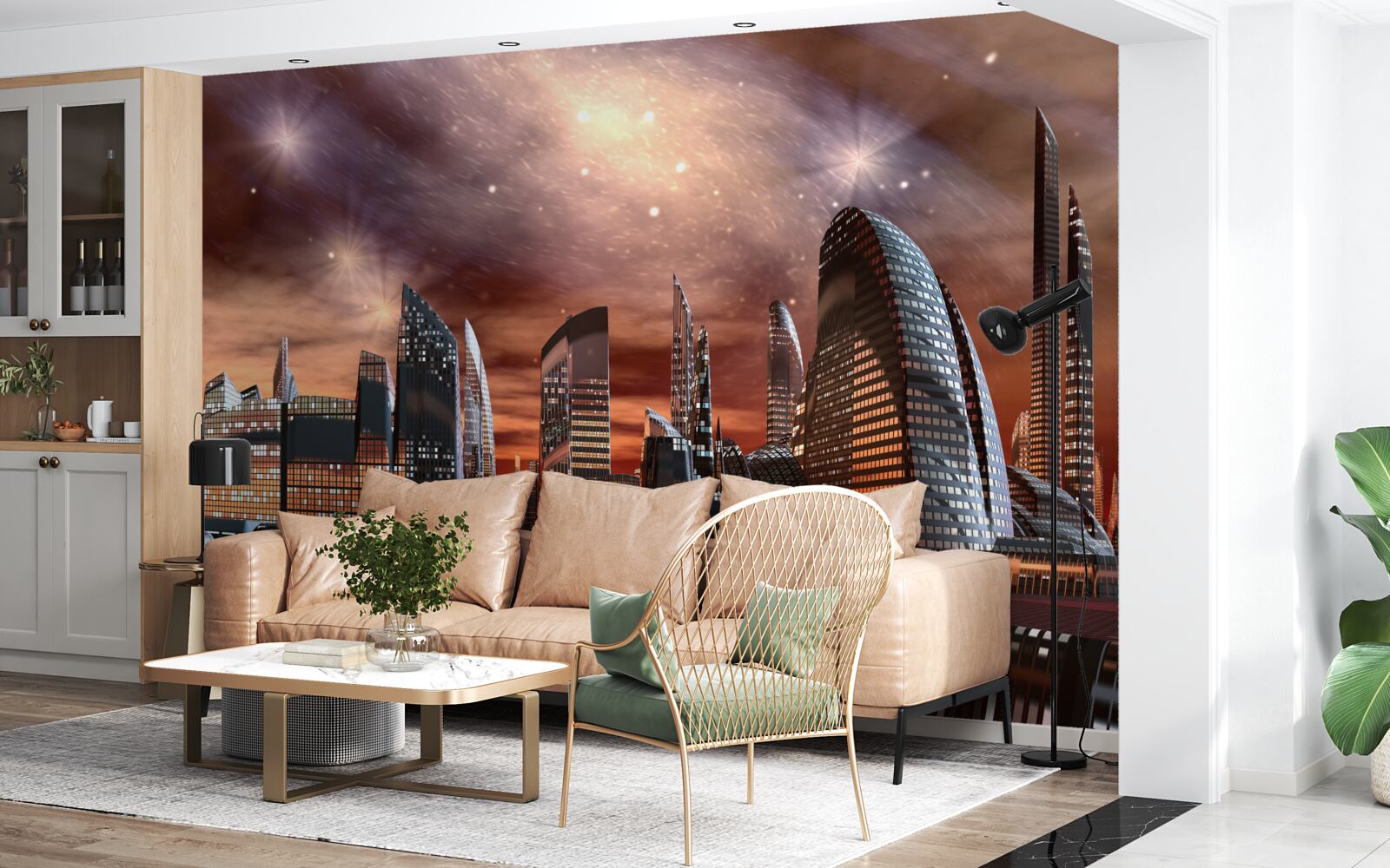 Fototapet un oraș sub un cer înstelat