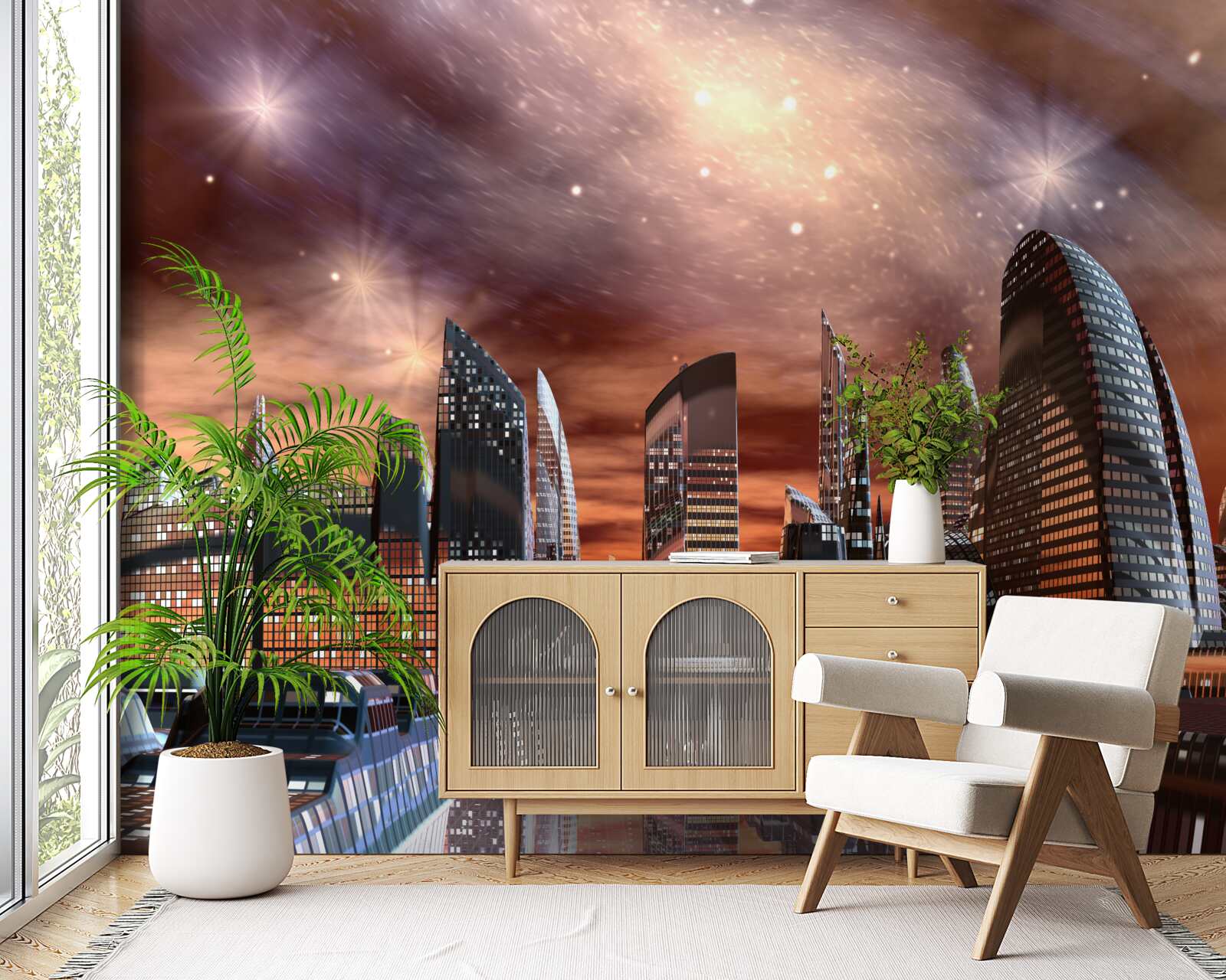 Fototapet un oraș sub un cer înstelat