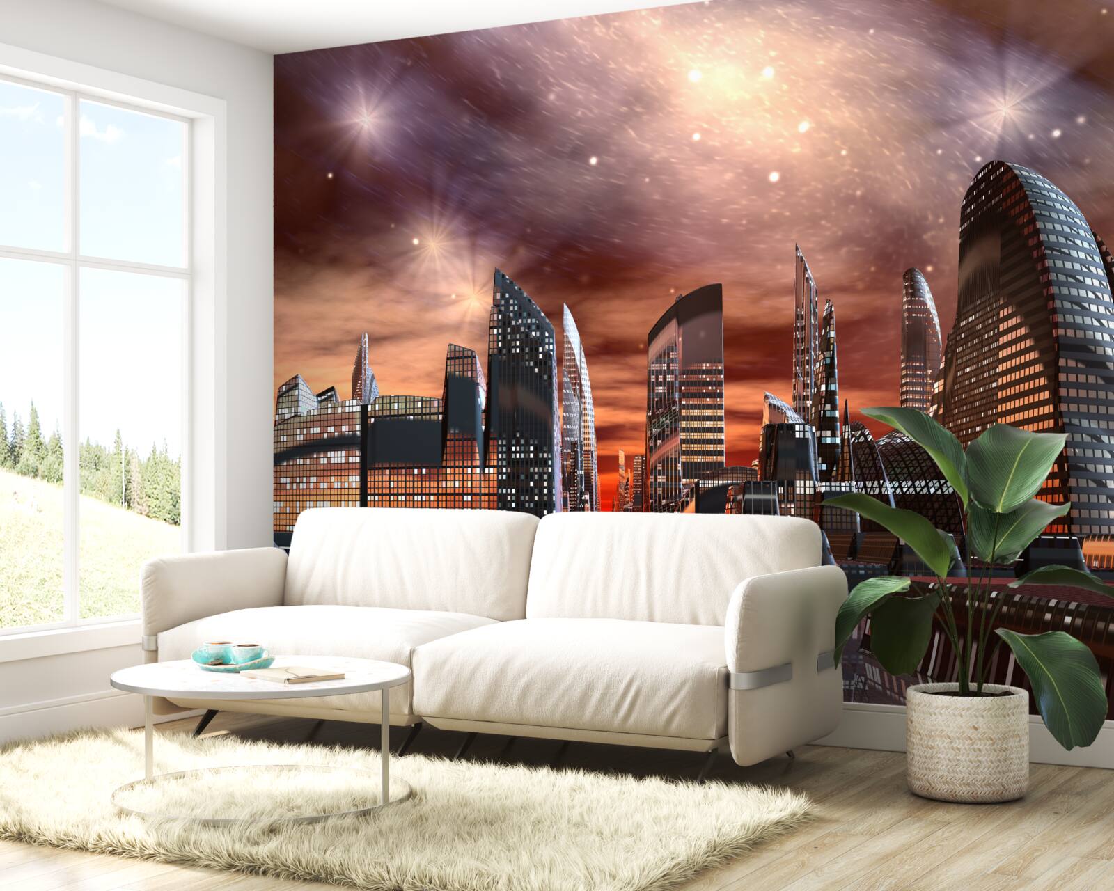 Fototapet un oraș sub un cer înstelat