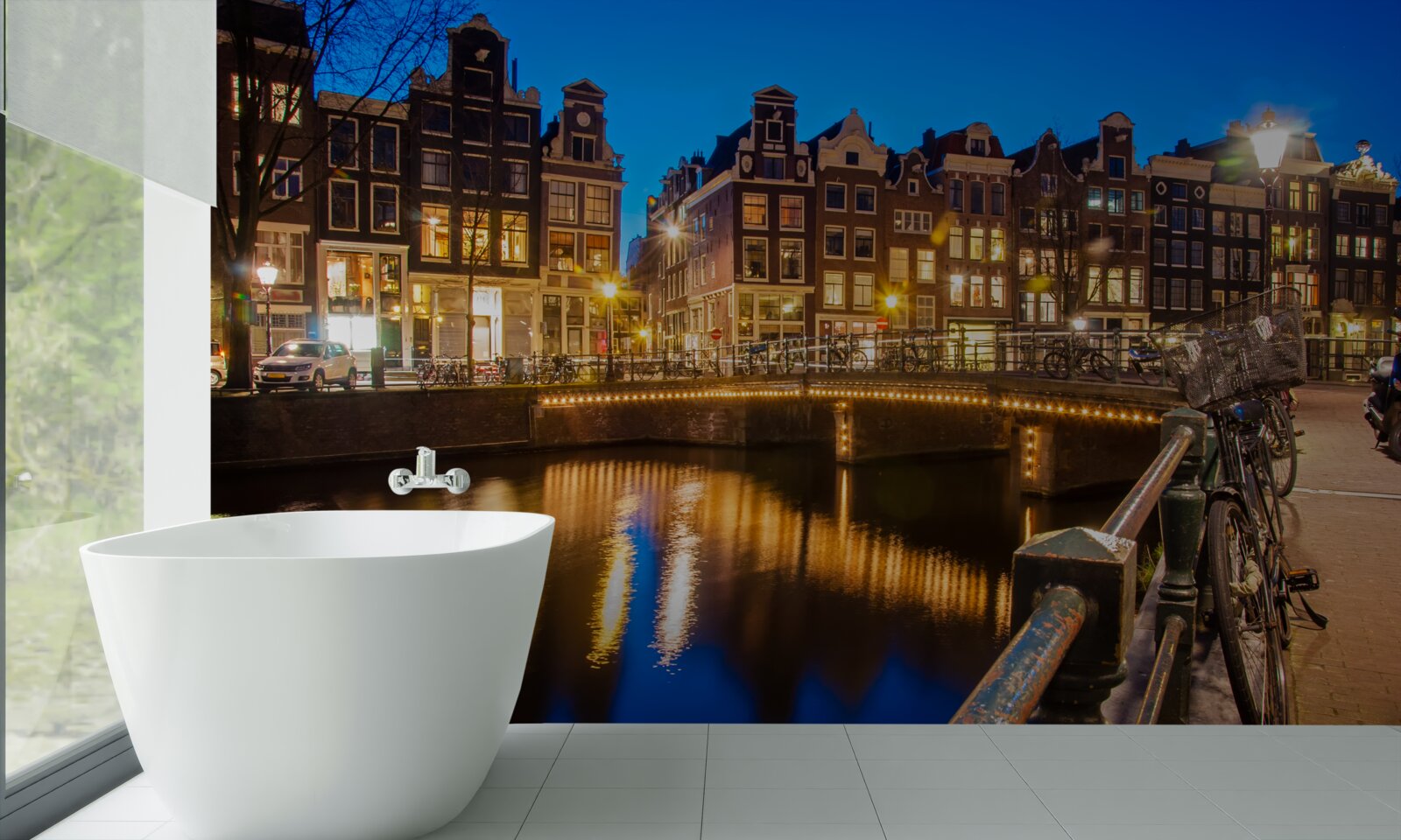 Fototapet reflecție a Amsterdamului în apă noaptea