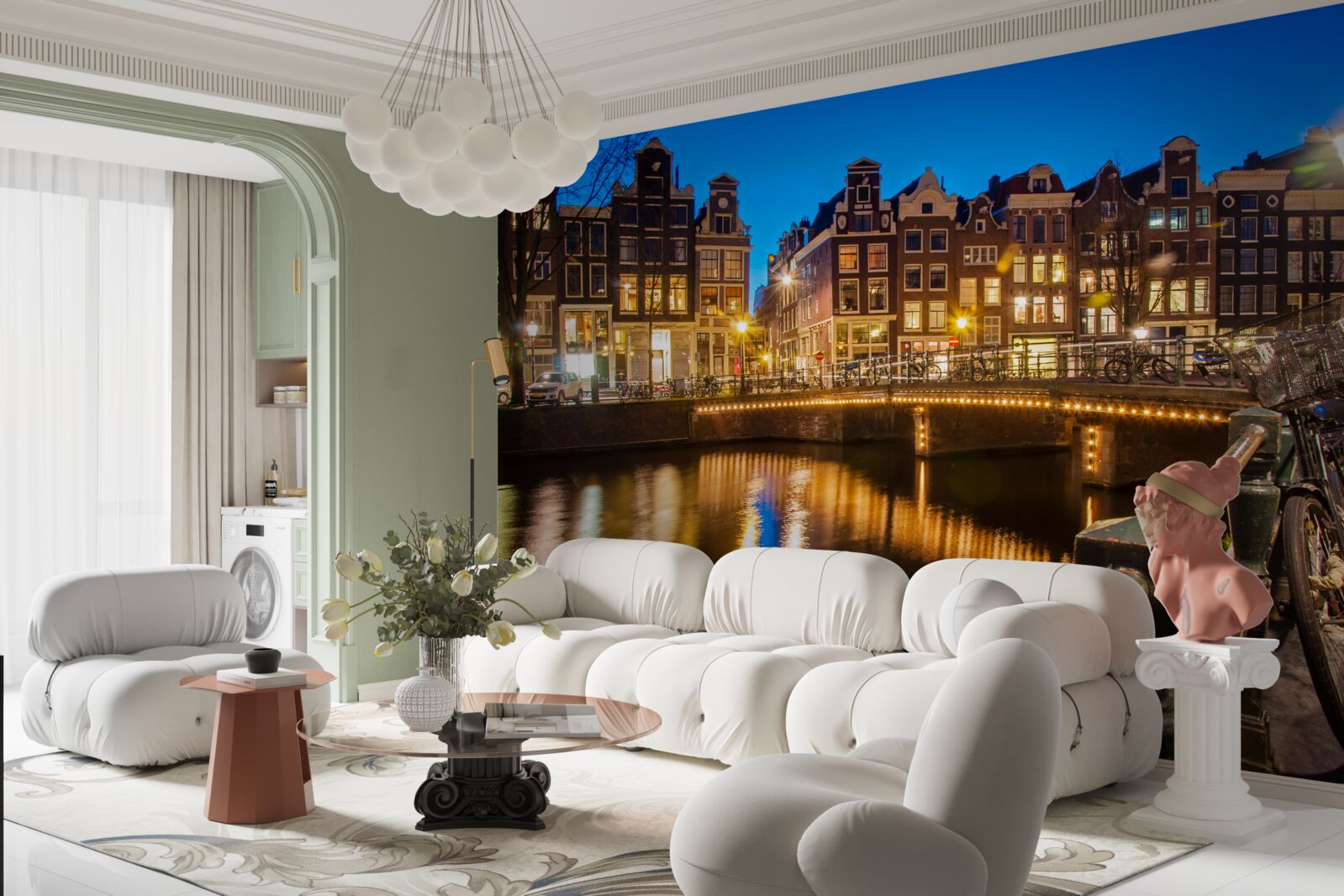 Fototapet reflecție a Amsterdamului în apă noaptea