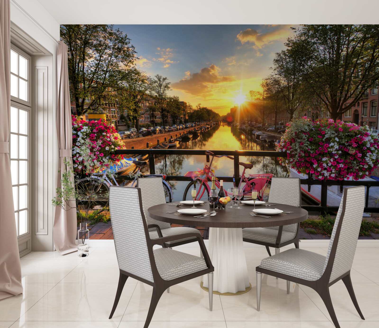 Fototapet apus de soare în amsterdam cu biciclete în fundal