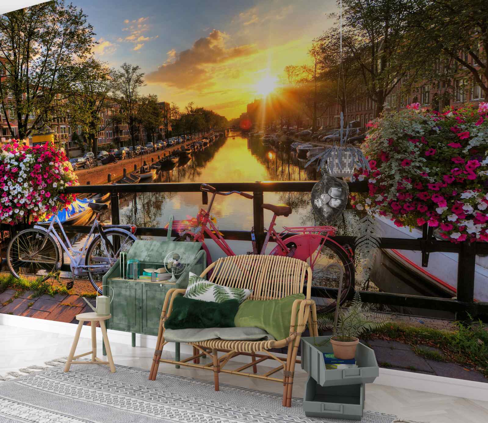 Fototapet apus de soare în amsterdam cu biciclete în fundal