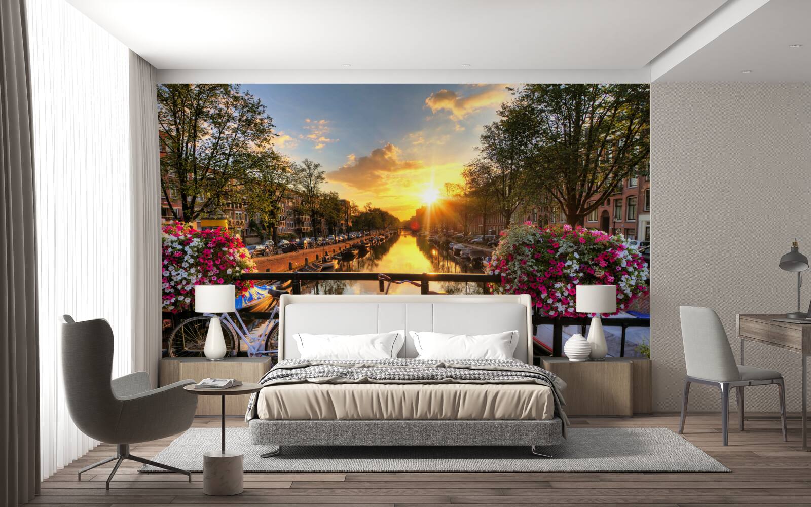 Fototapet apus de soare în amsterdam cu biciclete în fundal