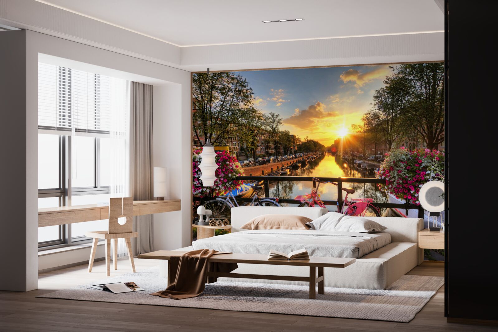 Fototapet apus de soare în amsterdam cu biciclete în fundal