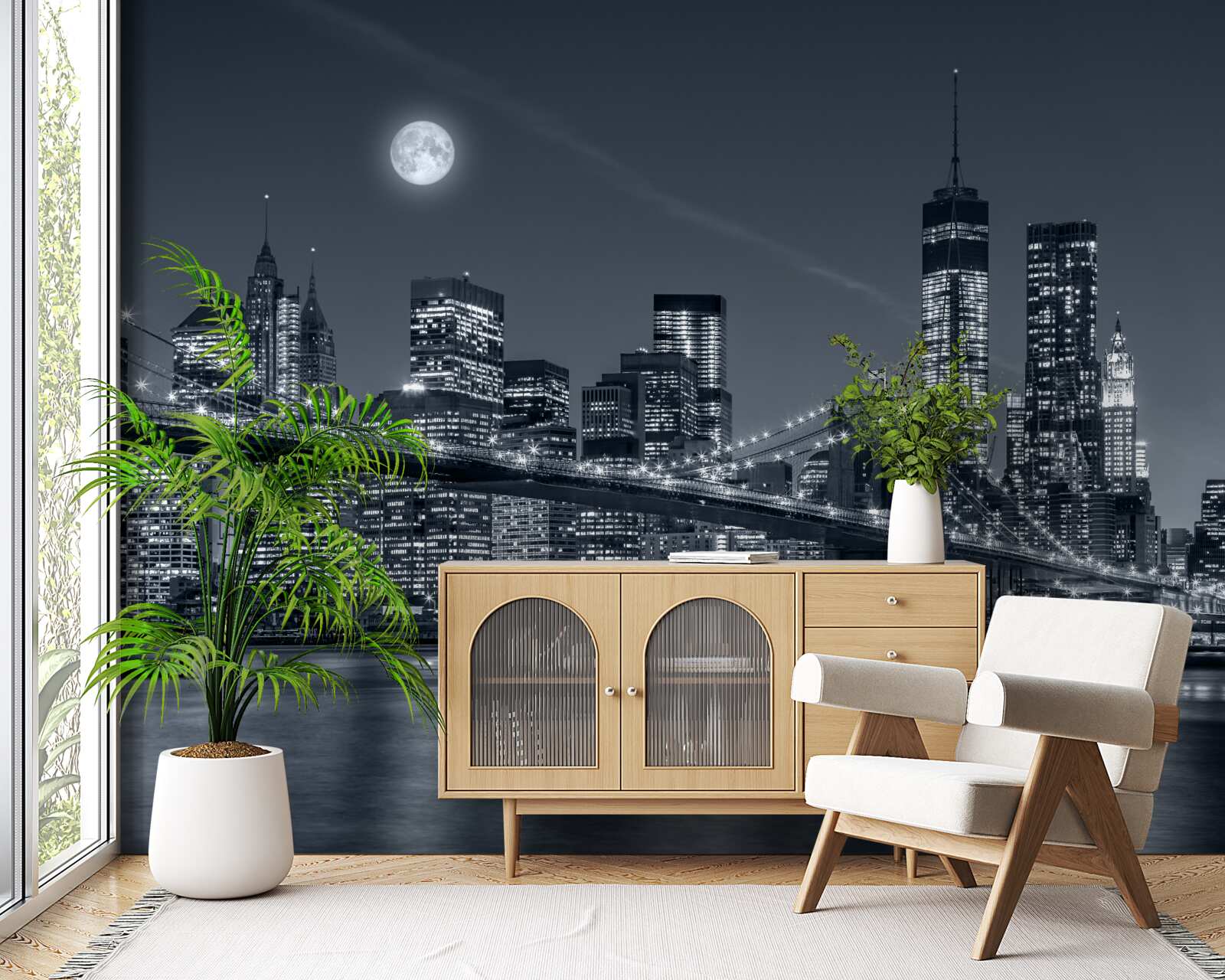 Fototapet new york alb-negru în lumina lunii pline
